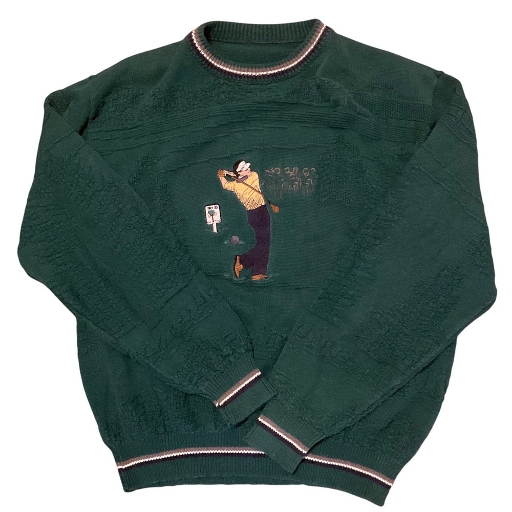90s VTG Green Textured Knit Golfer Sweater Embroidered Crewneck Sporty Large